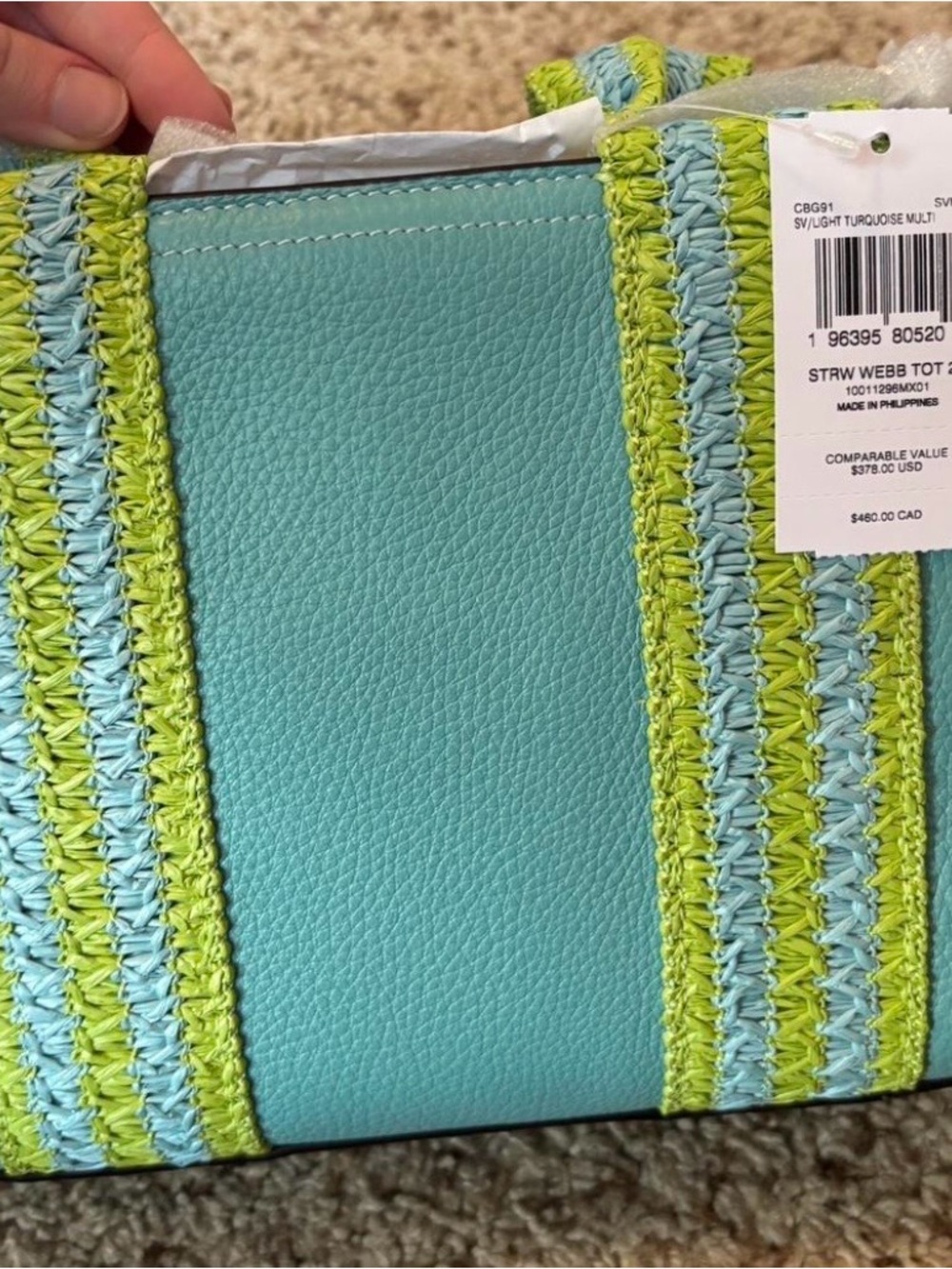 Coach Aqua Tote with Lime and Light Blue Straps - Picture 4 of 5